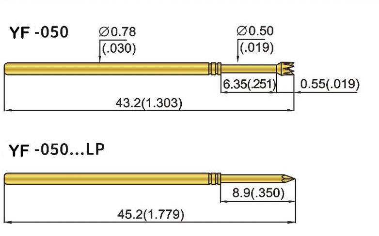 Aangepaste messing veertestsonde met 6,4 mm volledige slag, 4,3 mm nominale slag en 1,0 N veerkracht voor ICT-toepassingen